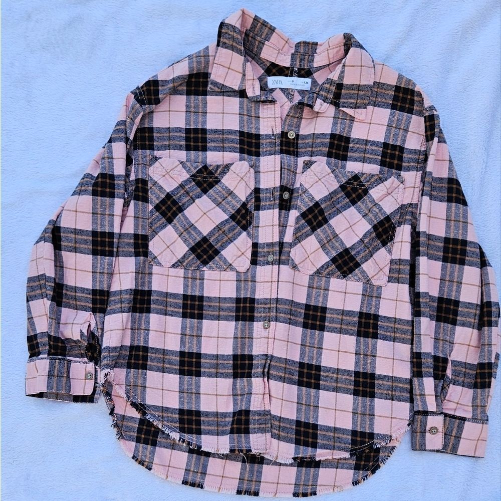 Zara Button up Girls Pink Plaid Fringe Top Size 9